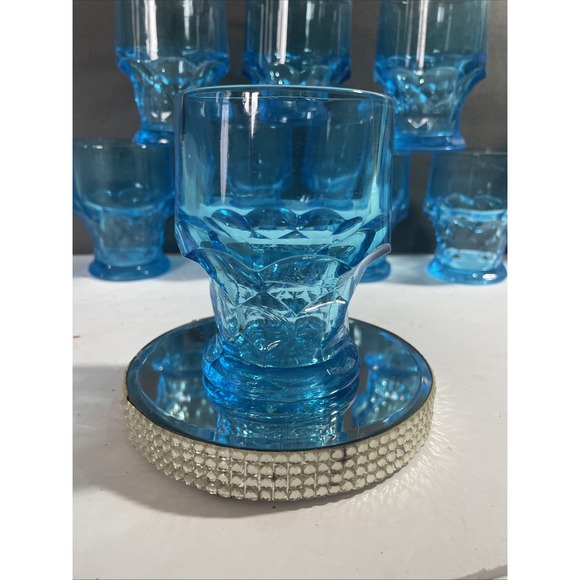 Set‎ of 8 Blue Georgian Honeycomb Low Ball Tumblers/Glasses 4-1/4" Tall - Picture 3 of 5